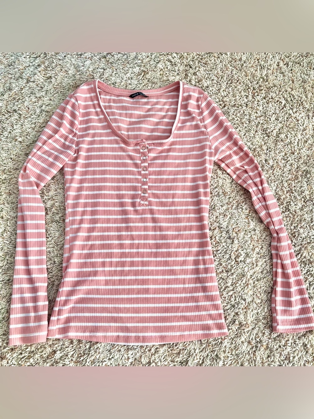Women’s (L) Pink & White Striped, Long-Sleeve Henley Top Shirt